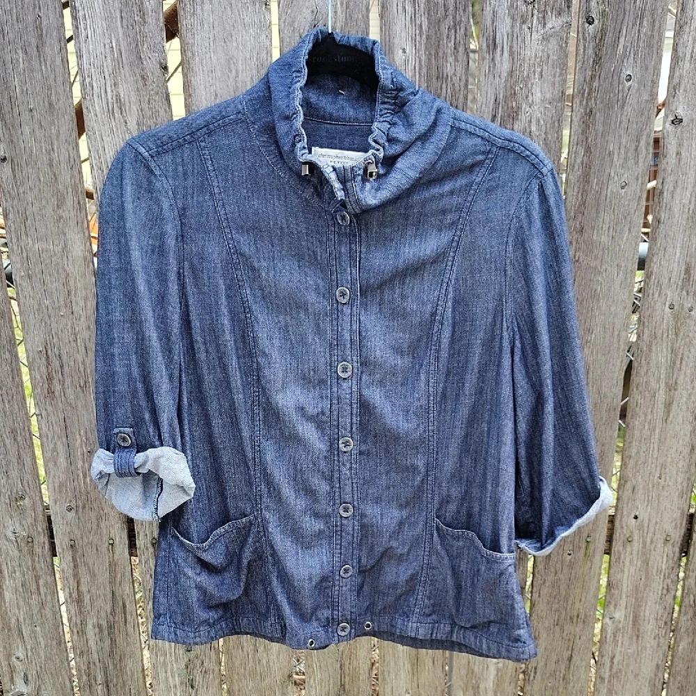 Denim Button-Up Ruffle Collar Shacket - Picture 1 of 8